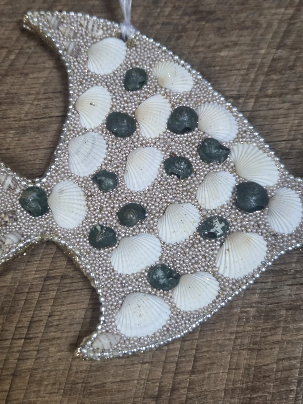 Seashell Fish Hanging Ornament - White & Green Accent